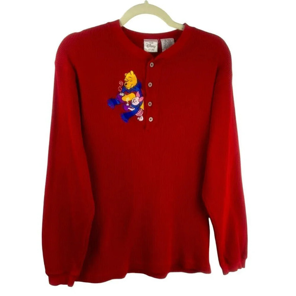Vintage 90s Disney Winnie Pooh Piglet Waffle Knit Henley Shirt Unisex Small Red - Picture 1 of 6